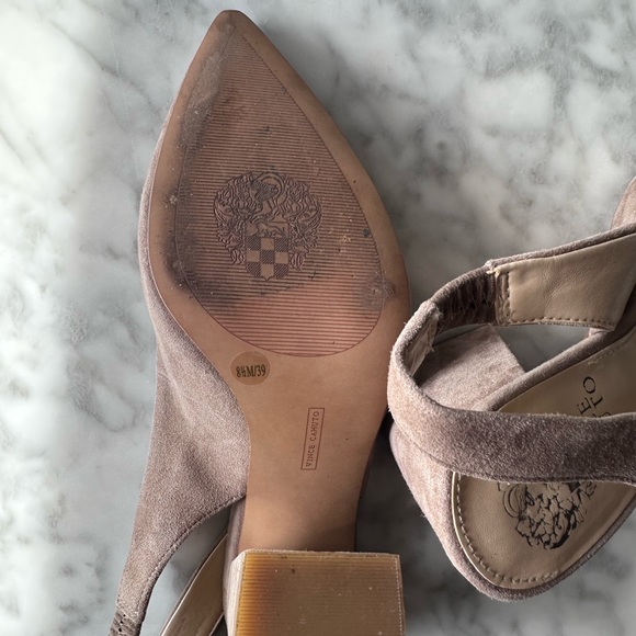Vince Camuto Leather/SuedeBlock Heeled Sling-Back Pumps - 8.5/39 NUDE - Picture 6 of 9